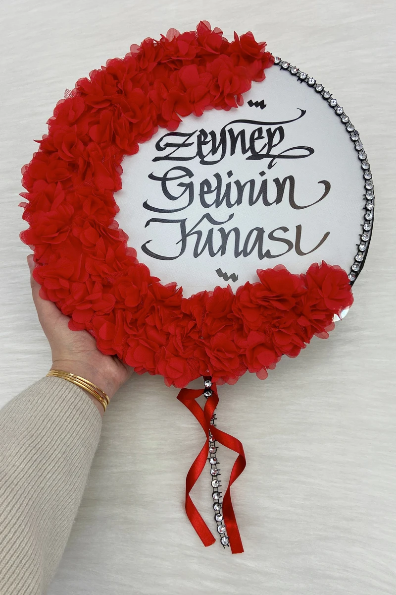 Kırmızı Kaligrafi Gelin Tefi 32cm, Parlak Taş Ve 3d Çiçek Süslemeli, Düğün Kına Sünnet Nedime Bride Parti Defi