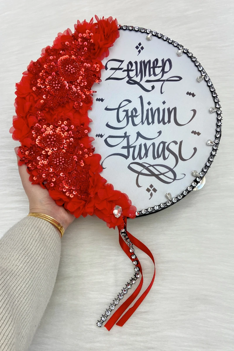 Kırmızı Kaligrafi Gelin Tefi 32cm, Vip Güpürlü, Parlak Taş Ve 3d Çiçek Düğün Kına Sünnet Nedime Bride Parti Defi