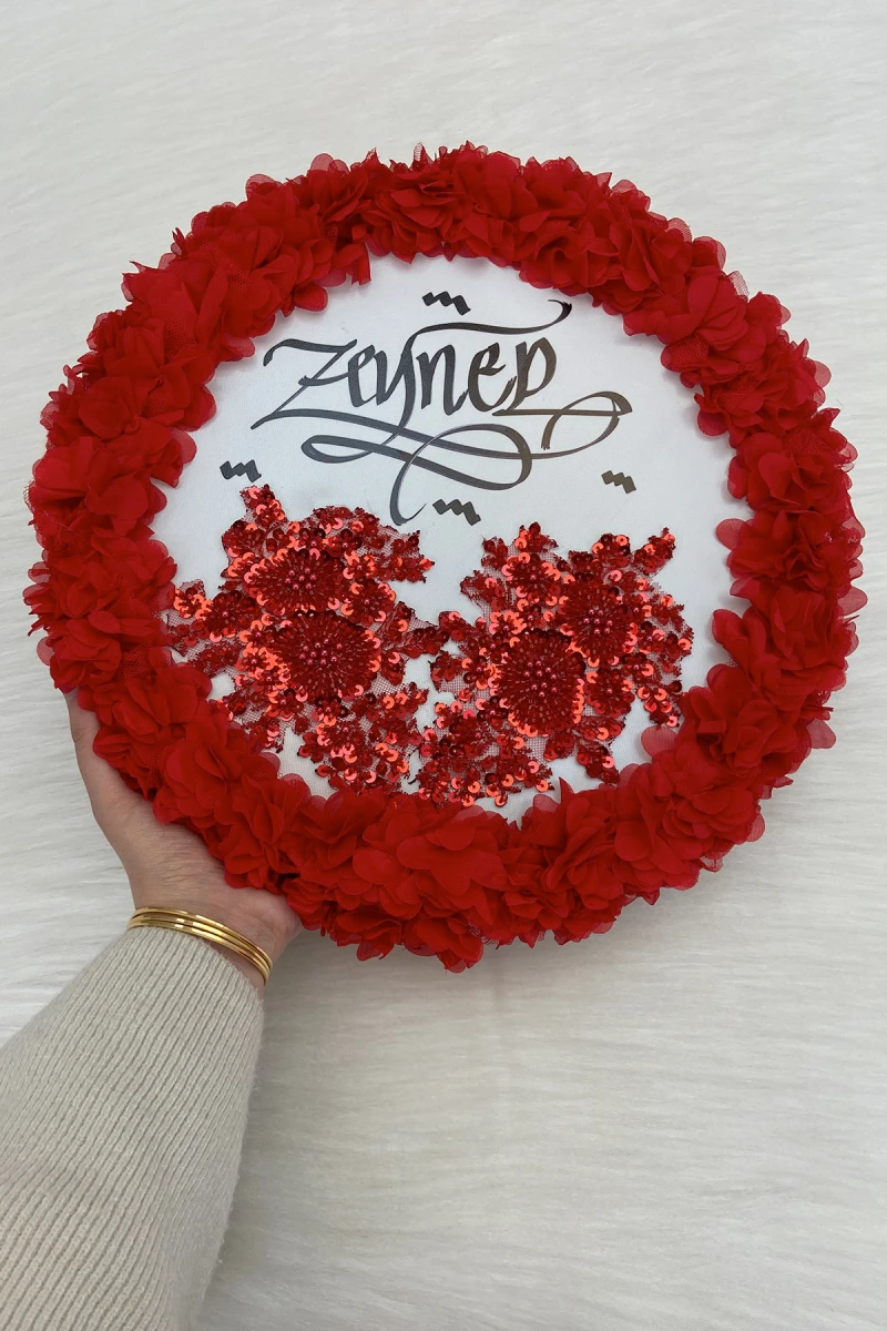 Kırmızı Kaligrafi Gelin Tefi 32cm, Vip Güpürlü Ve 3d Çiçek Düğün Kına Sünnet Nedime Bride Parti Defi