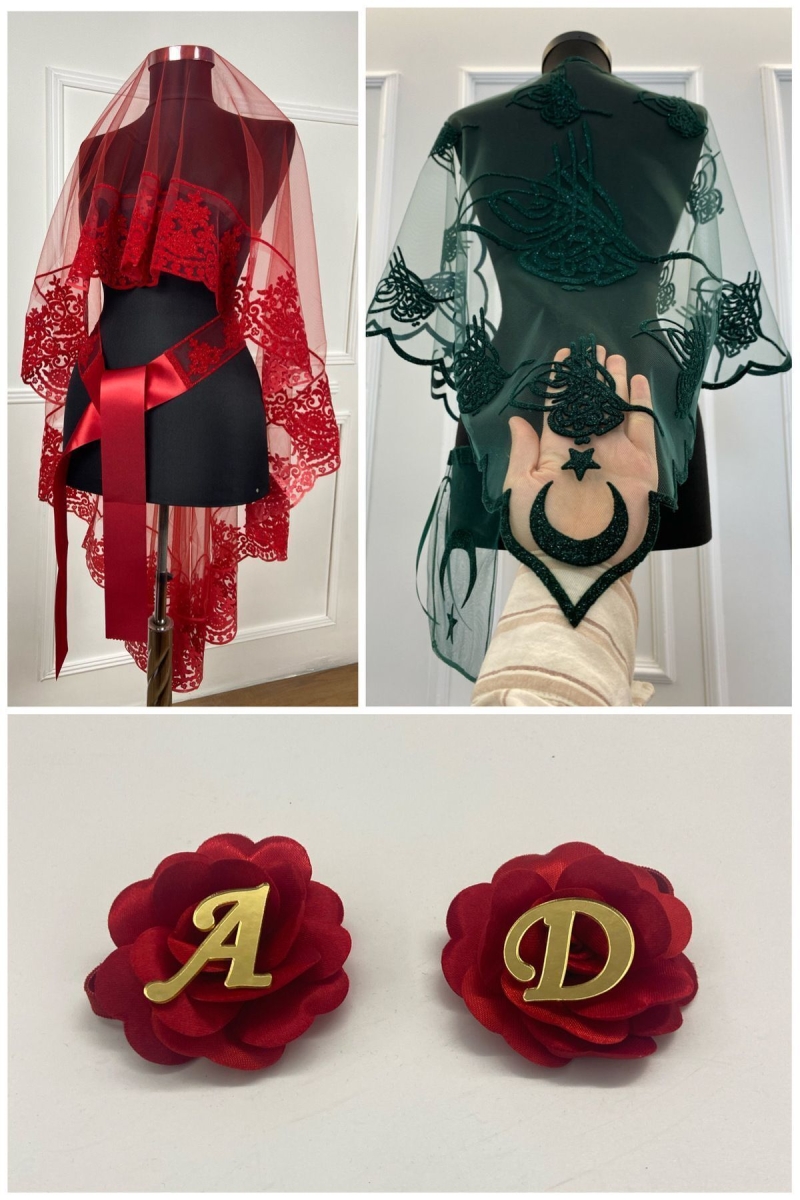 Kırmızı Kına Duvağı, Gelin Duvak Seti Damat Omuz Örtüsü Şalı El Gülü 8 Parça Takım