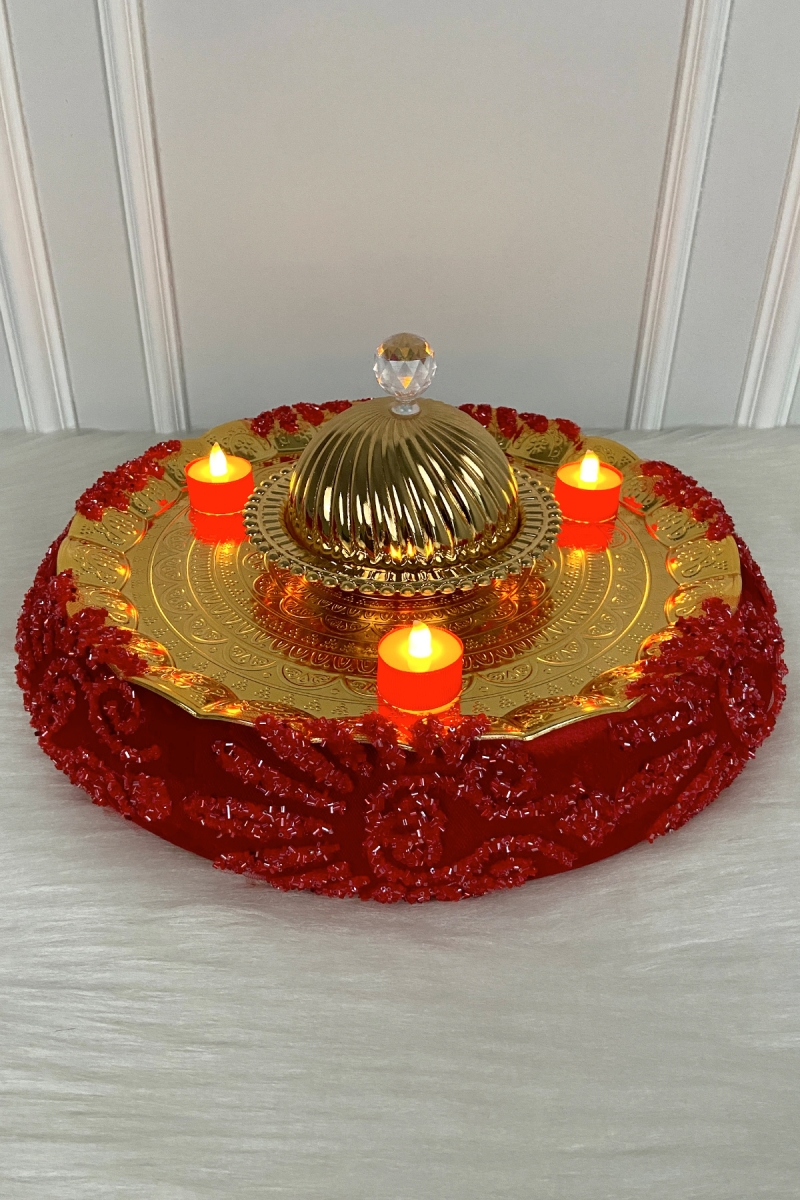 Kırmızı Kına Gecesi Gelin Tepsisi, Lüks İthal Kadife ve Cam Boncuk Aplikli,Bride Düğün Sünnet Söz