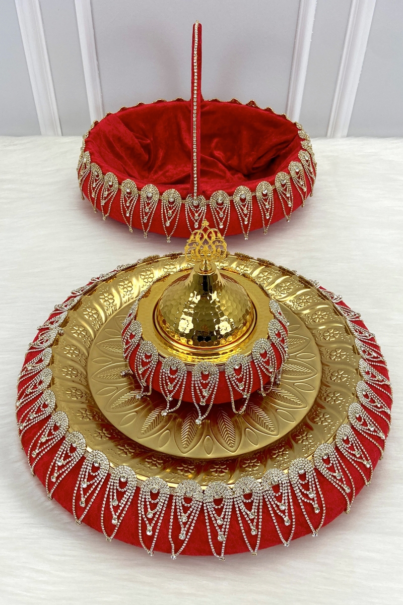 Kırmızı Kına Gecesi Tepsi Sepet Gelin Takımı, Lüks Kadife Parlak Taşlı, Nişan Nikah Düğün Sünnet