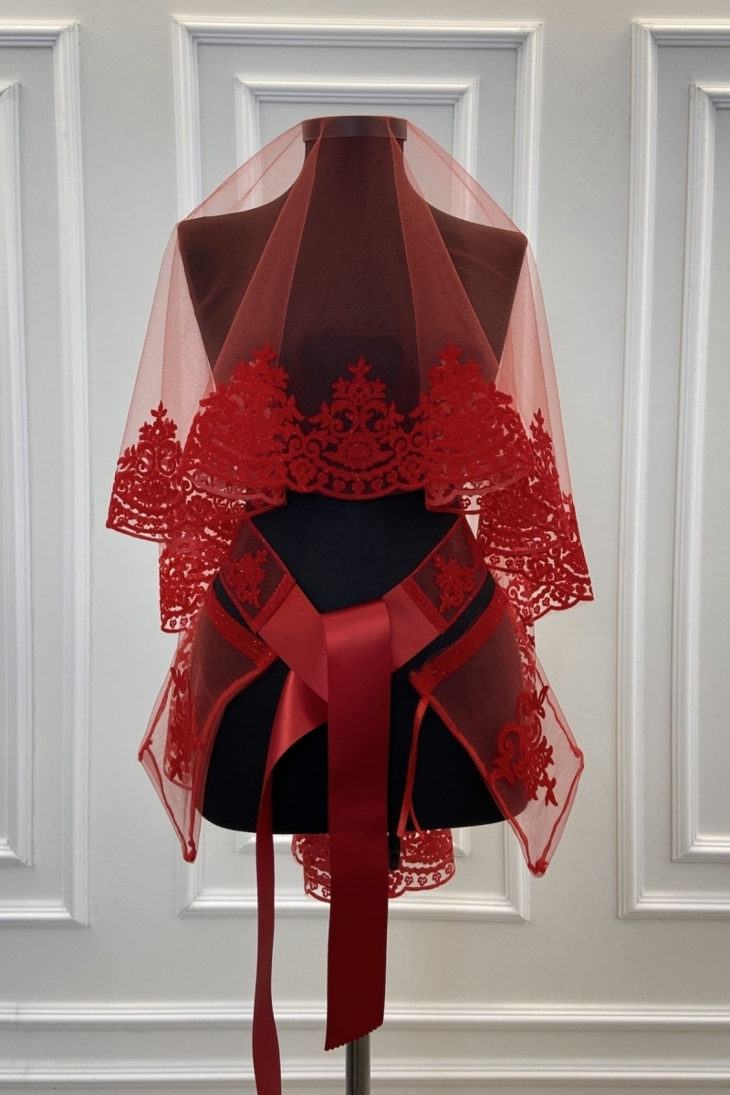 Kırmızı Klasik Desen Flok Baskı Simli Gelin Duvak Kuşak Eldiven Set