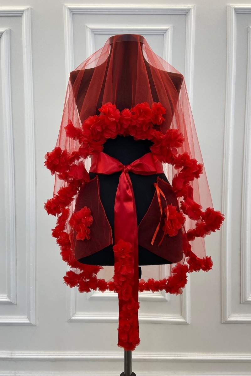 Kırmızı Komple Üç Boyutlu Çiçek Ve Incili Gelin Kına Duvağı Seti