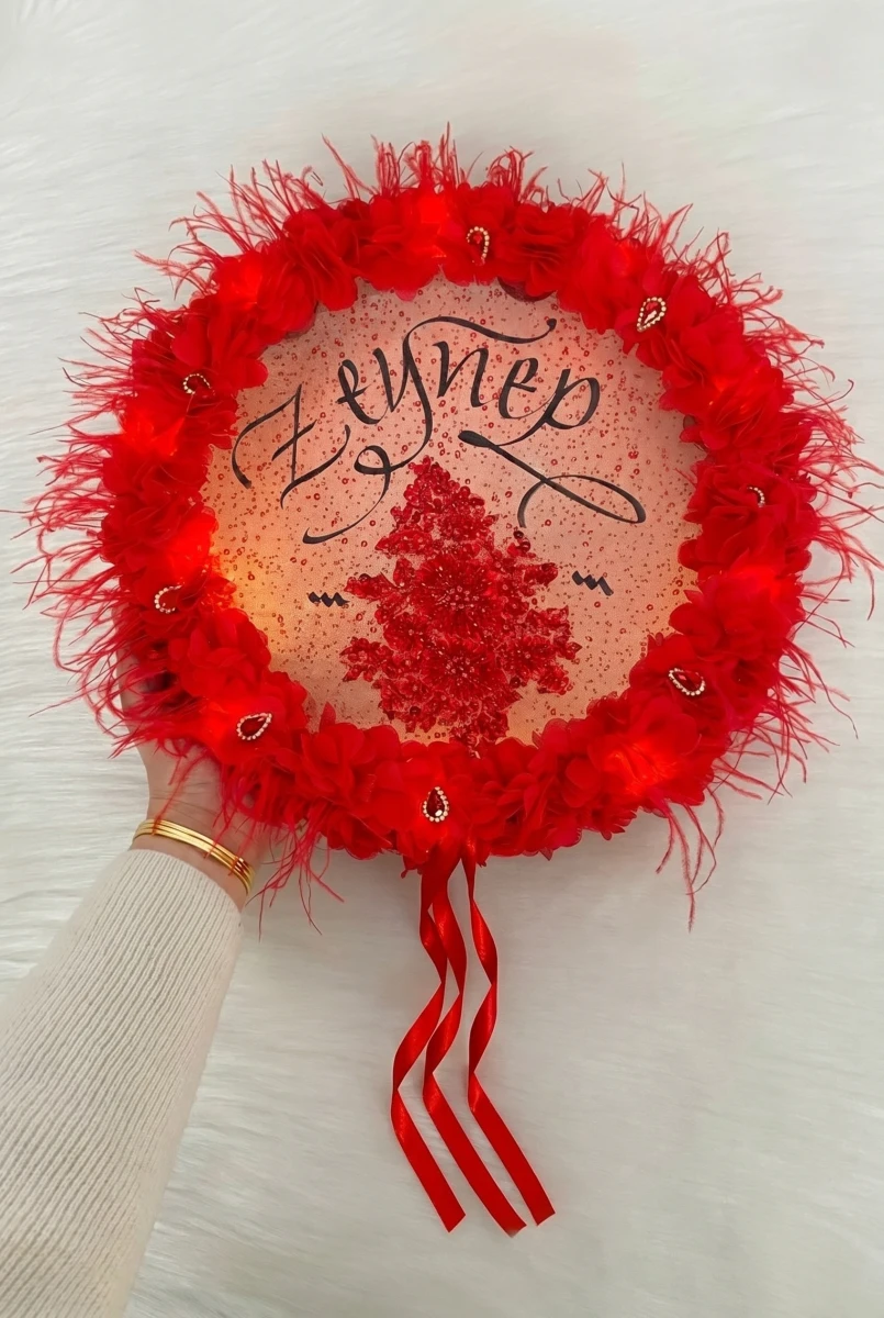 Kırmızı Ledli Gelin Tefi 32cm, Lüx Aplik Çiçek Pul Payet Taşlı Tüylü, Düğün Kına Nedime Sünnet Bride