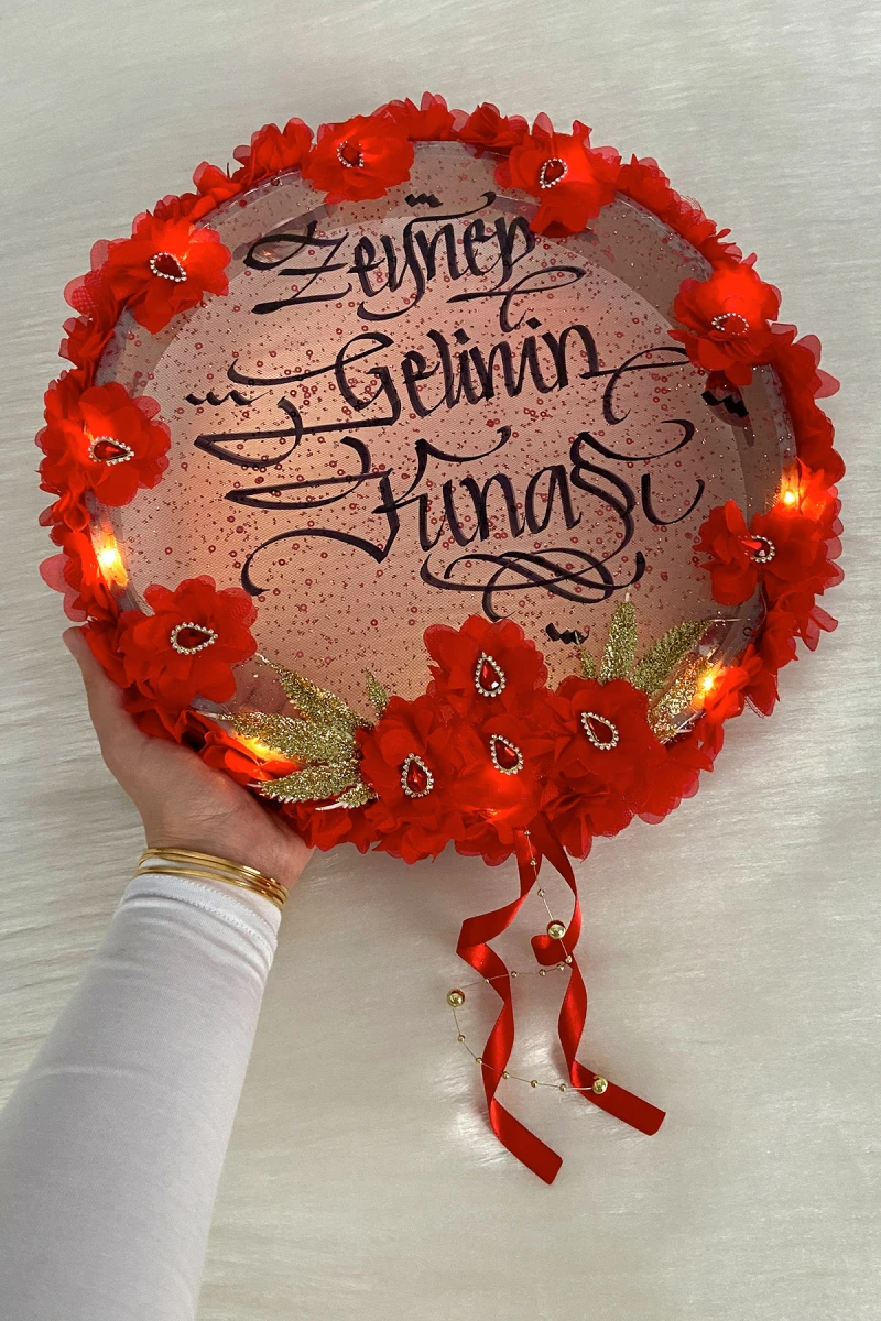 Kırmızı Ledli Gelin Tefi 32cm, Üç Boyutlu Çiçek Ve Parlak Taş Süslemeli Def, Düğün Kına Gecesi Nedime Bride Sünnet