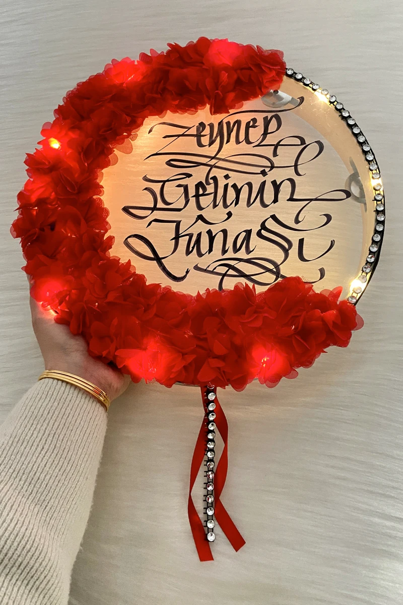 Kırmızı Ledli Gelin Tefi 32cm, Üç Boyutlu Çiçek Ve Parlak Taş Süslemeli, Düğün Kına Nedime Bride Sünnet