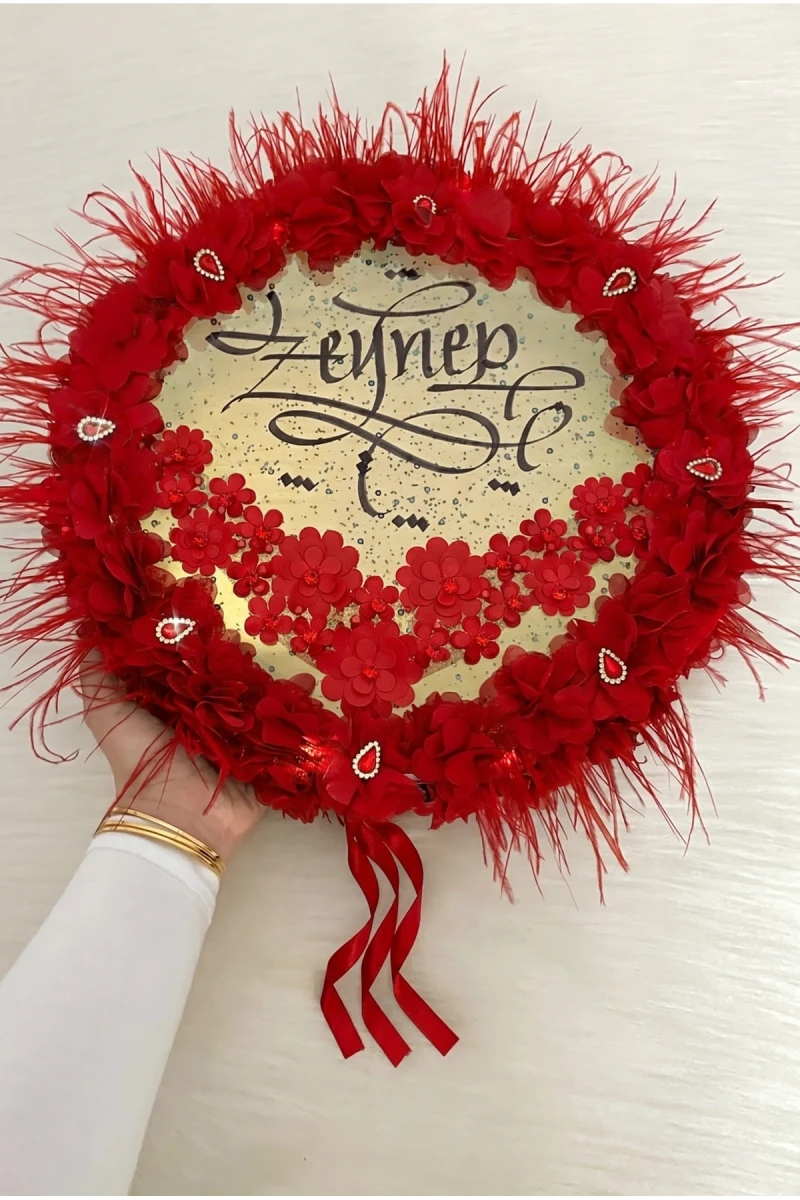 Kırmızı Ledli Gelin Tefi 32cm, Üç Boyutlu Çiçekli Tüylü Ve Parlak Taş Süslemeli, Düğün Kına Gecesi Nedime Bride Sünnet