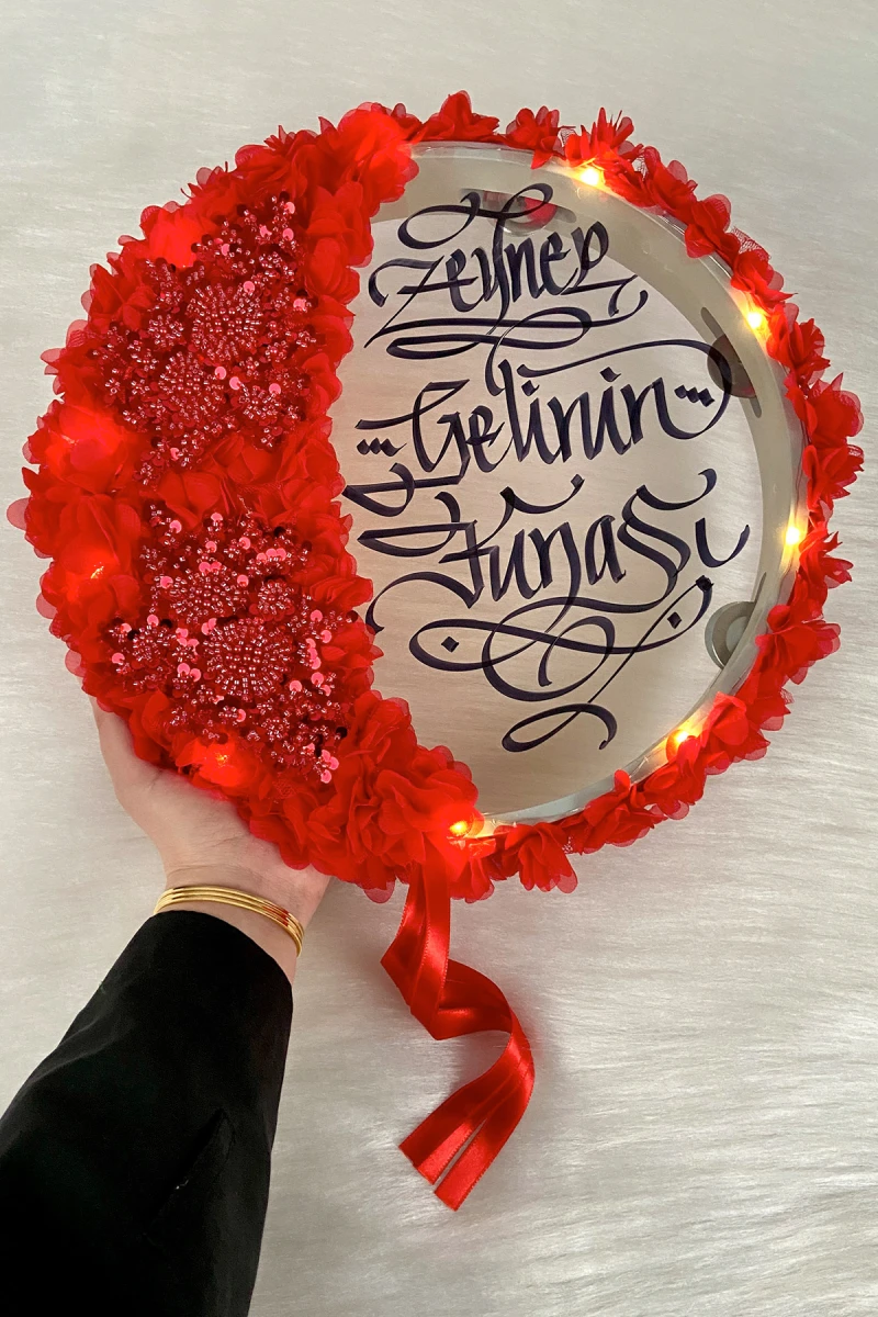Kırmızı Ledli Gelin Tefi 32cm, Vip Aplik Ve Üç Boyutlu Çiçek Süslemeli Def, Düğün Kına Gecesi Nedime Bride Sünnet