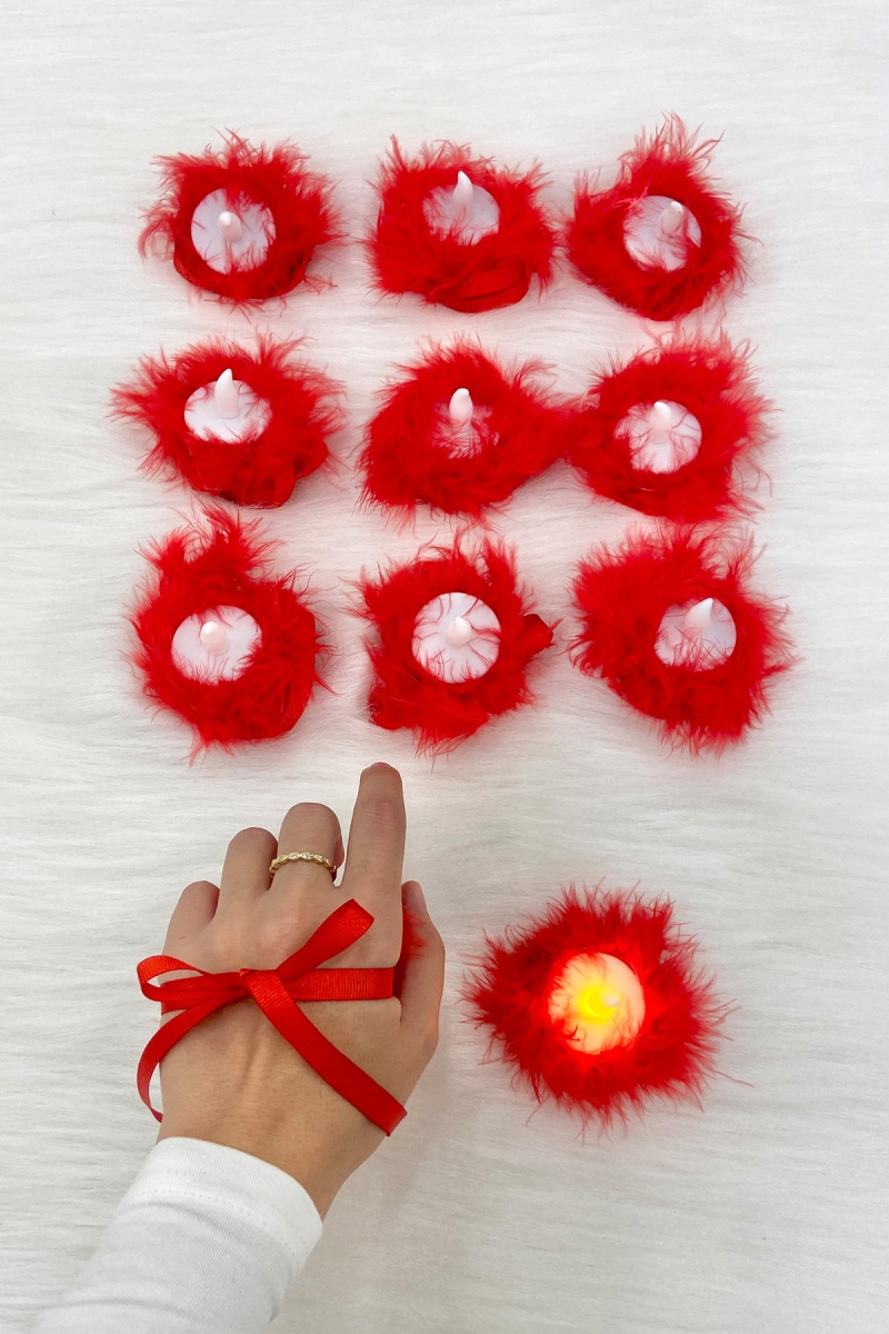 Kırmızı Ledli Kına El Mumu, Düğün, Nedime, Bride, Sünnet, Led Işıklı, Tealight Pilli Tüylü 12 Adet