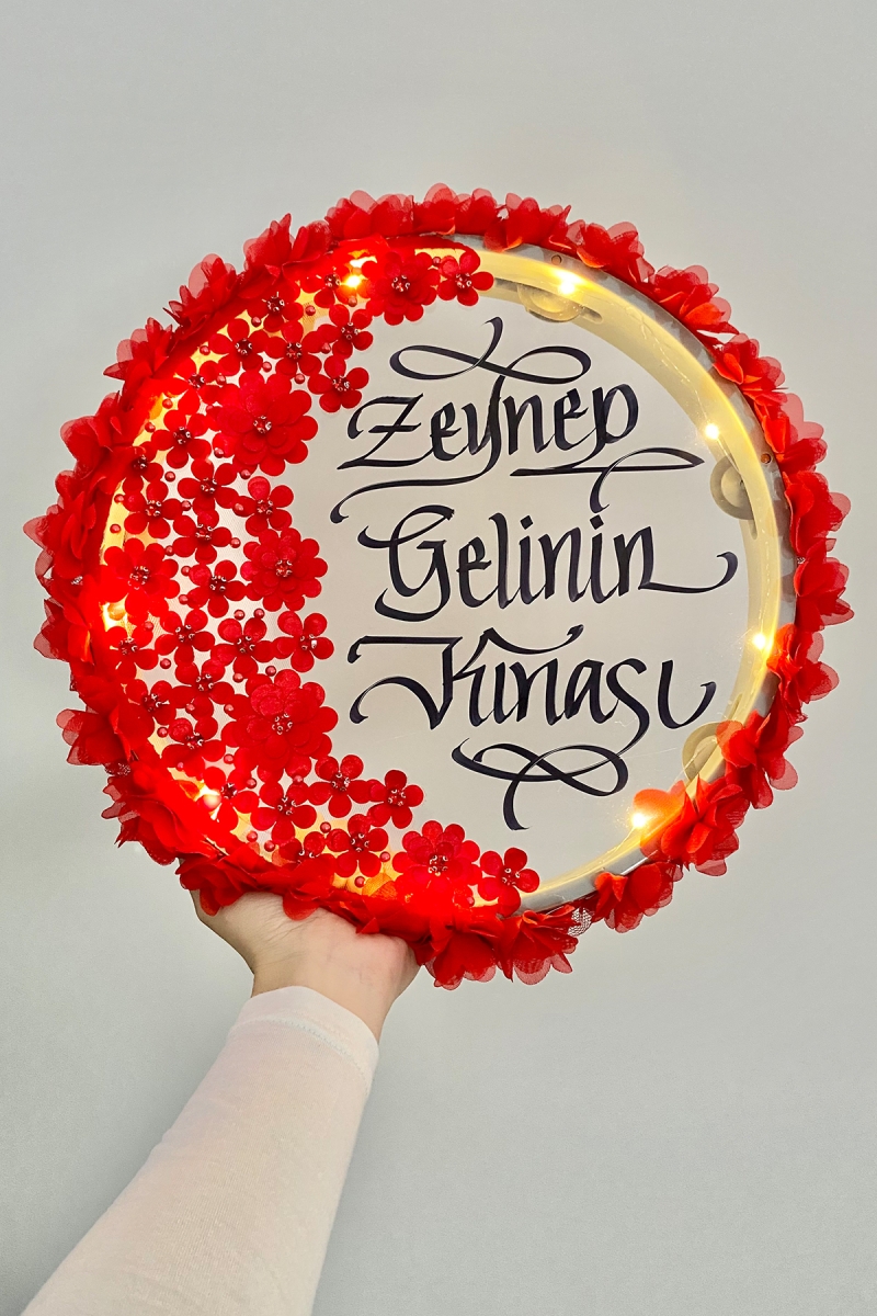 Kırmızı Ledli Şeffaf Gelin Tefi 32cm 3d Çiçek Parlak Taş İncili Düğün Kına Nedime Bride Parti Defi