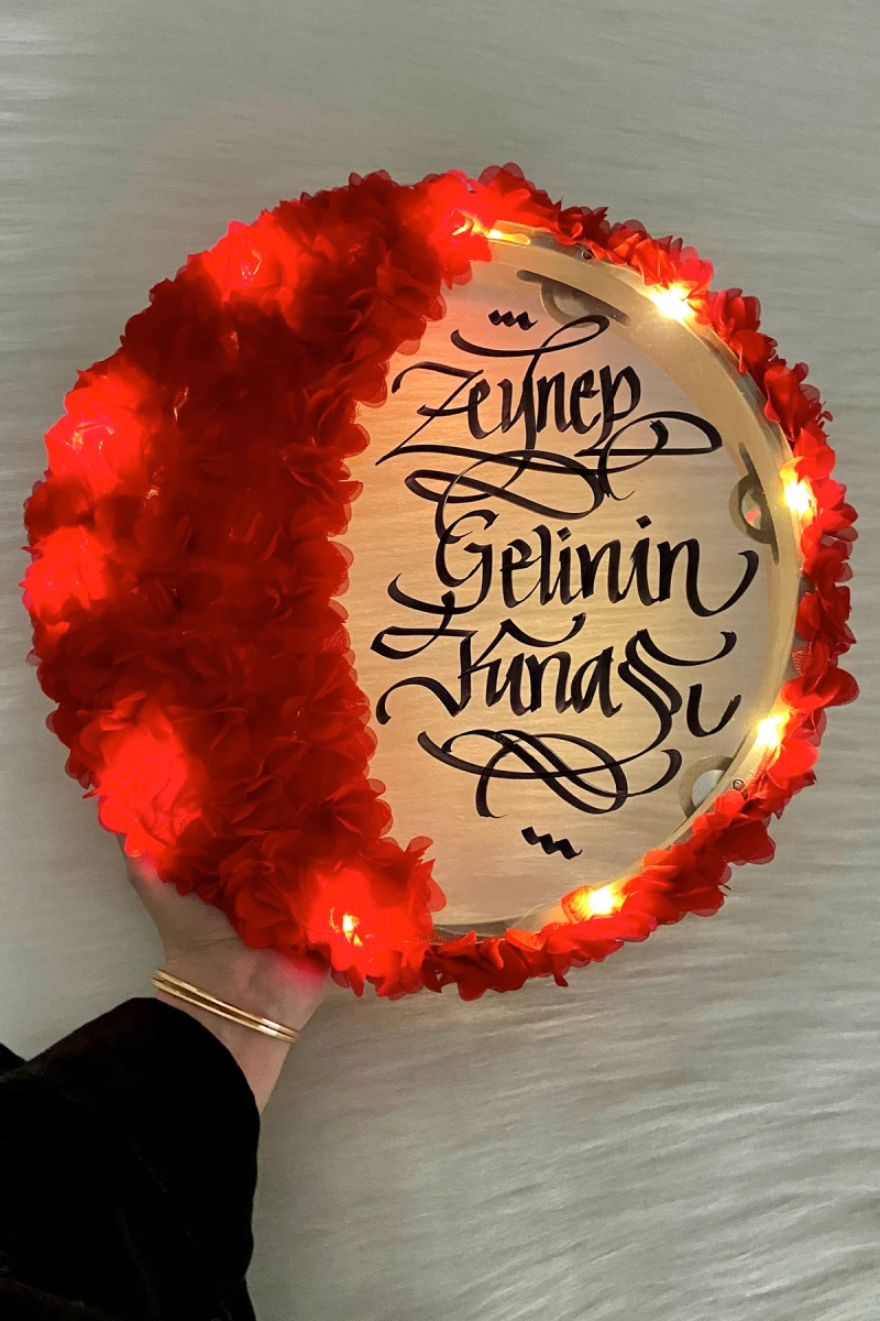 Kırmızı Ledli Şeffaf Gelin Tefi 32cm, 3d Çiçek Süslemeli, Düğün Kına Nedime Bride Parti Defi