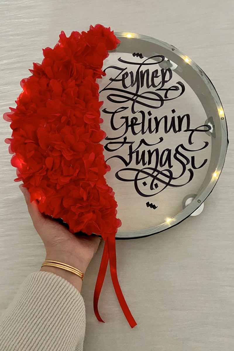 Kırmızı Ledli Şeffaf Gelin Tefi 32cm, 3d Çiçek Süslemeli, Düğün Sünnet Kına Nedime Bride Parti Defi