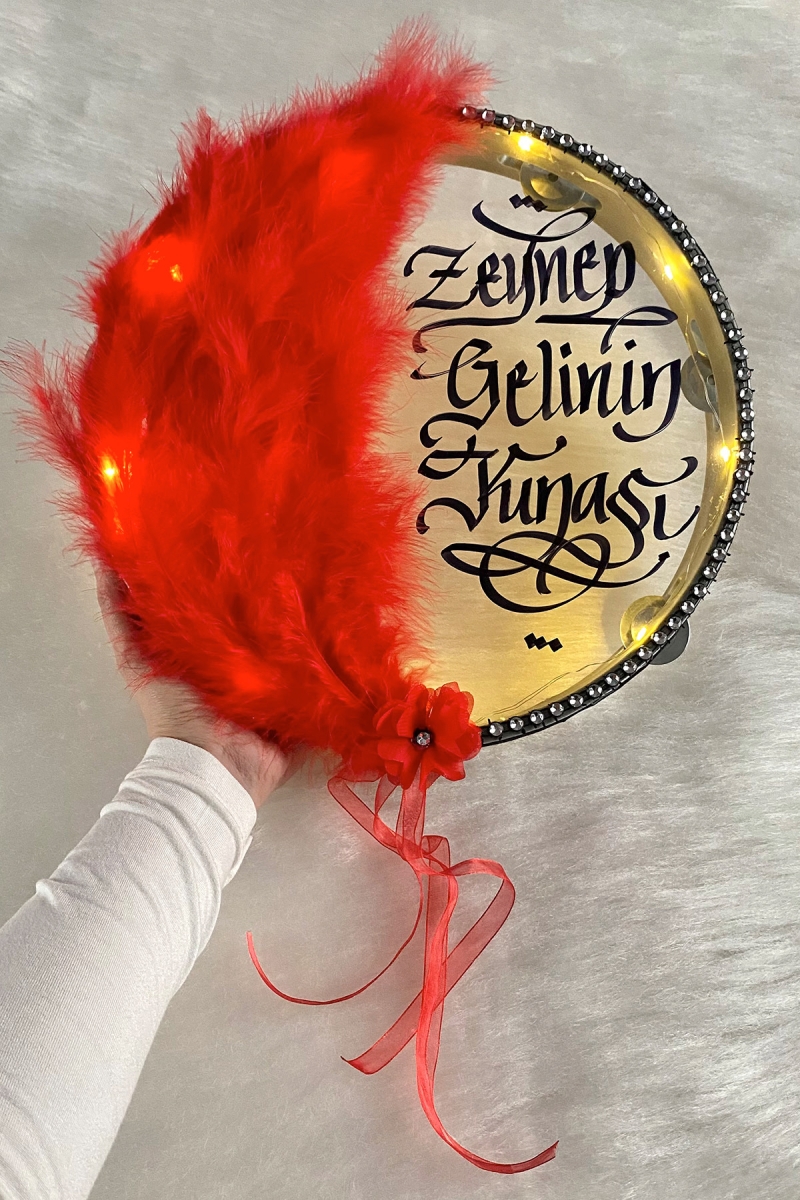 Kırmızı Ledli Şeffaf Gelin Tefi 32cm Tüylü 3d Çiçek Saten Kurdele Düğün Kına Nedime Bride Parti Defi