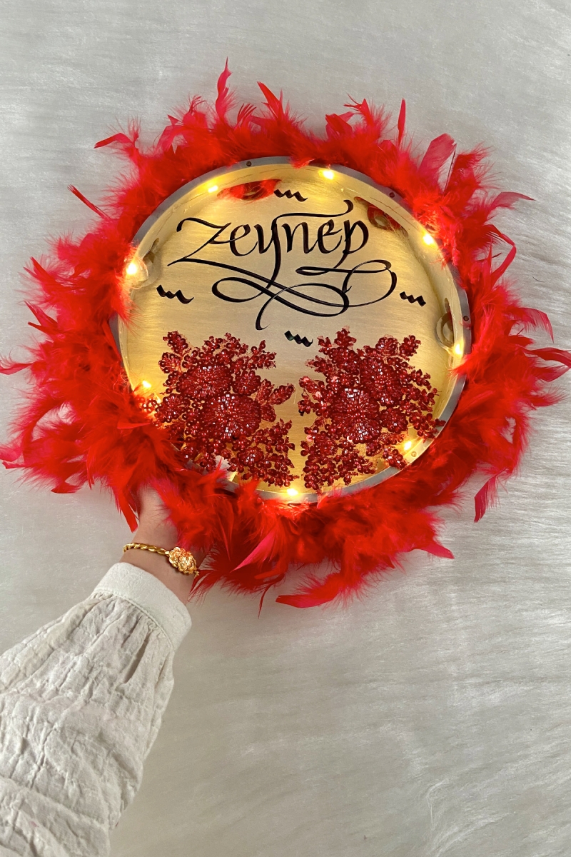 Kırmızı Ledli Şeffaf Kaligrafi Gelin Tefi 30cm Vip Güpürlü Ve Tüylü Düğün Kına Nedime Bride Parti