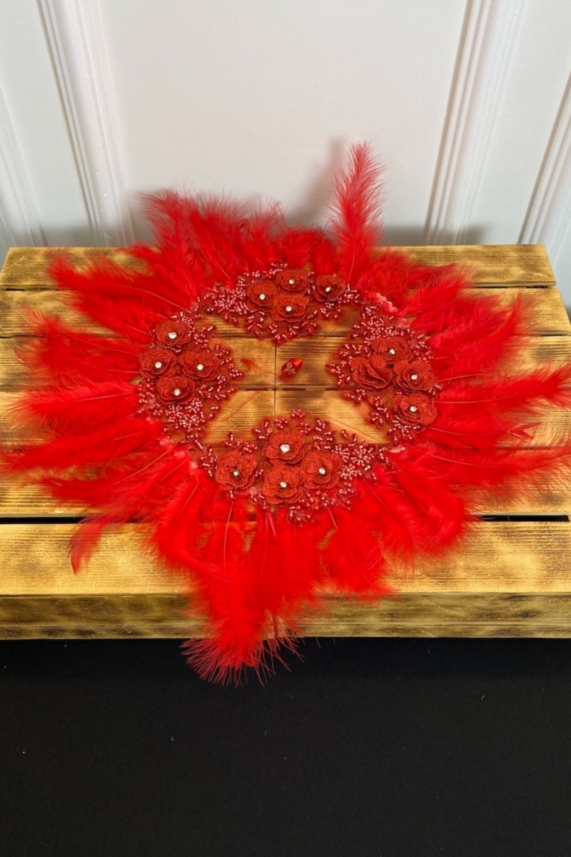 Kırmızı Lüks Gelin Damat Kına Halay Mendili, Taş Kat Kat Çiçek Güpür Cam Boncuk Detaylı