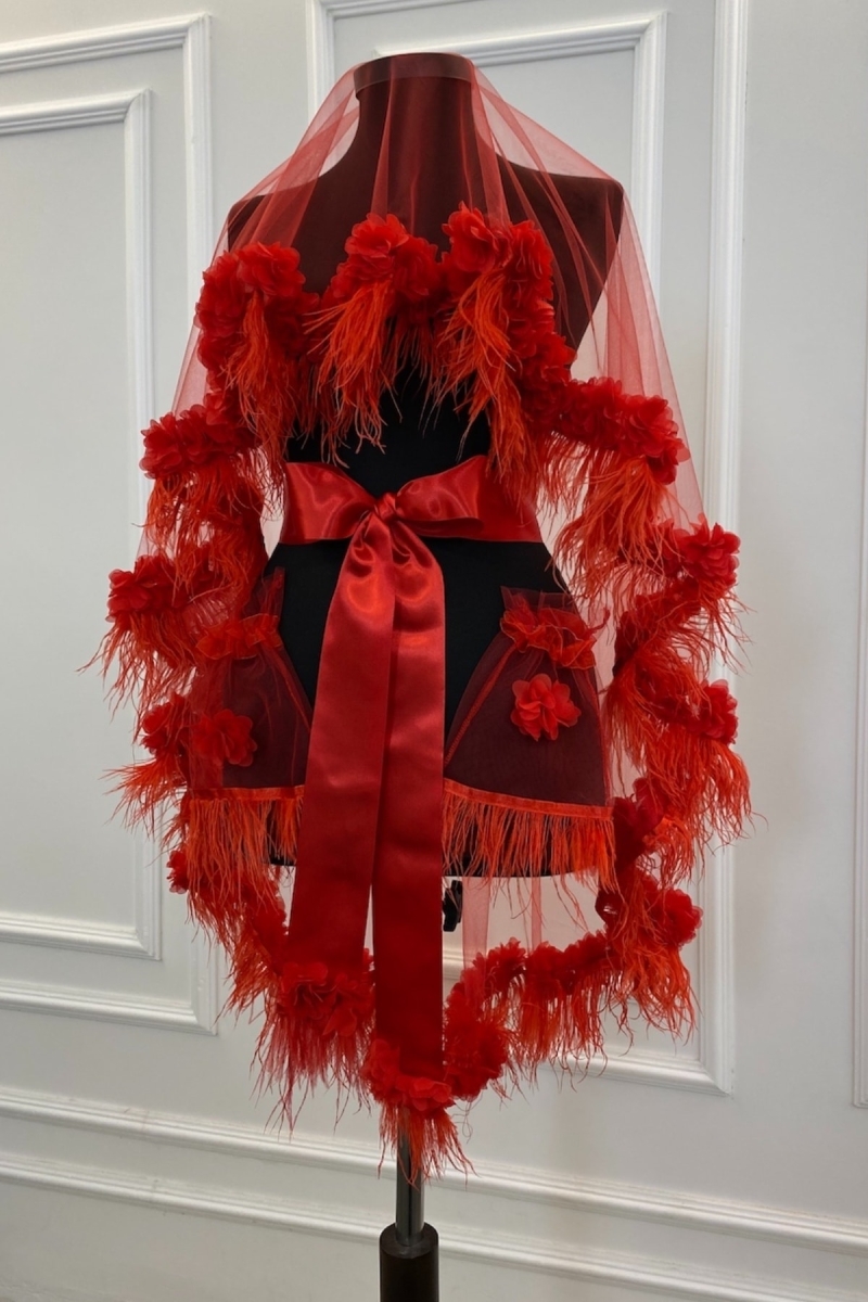 Kırmızı Lüks Gelin Duvak Seti Üç Boyutlu Çiçek Ve Tüy Süslemeli Kına Duvağı Seti