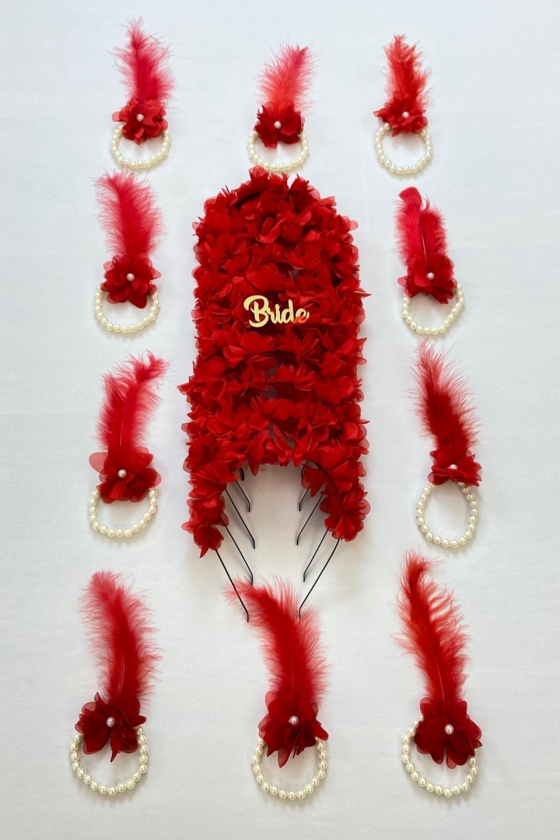 Kırmızı Nedime Bilekliği 5 Adet, Nedime Tacı(METAL) 5 Adet, Bekarlığa Veda Partisi, 11 Parça Set