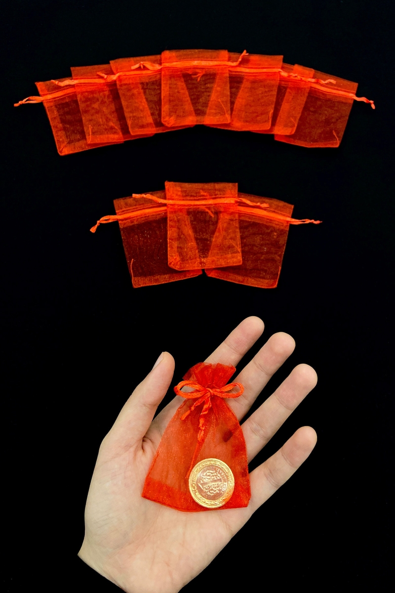 Kırmızı Organze Şeffaf Kese, Kına Düğün Çerez Kuruyemiş Altın Takı Söz Hediye, 50 Adet Ölçü 7x9cm