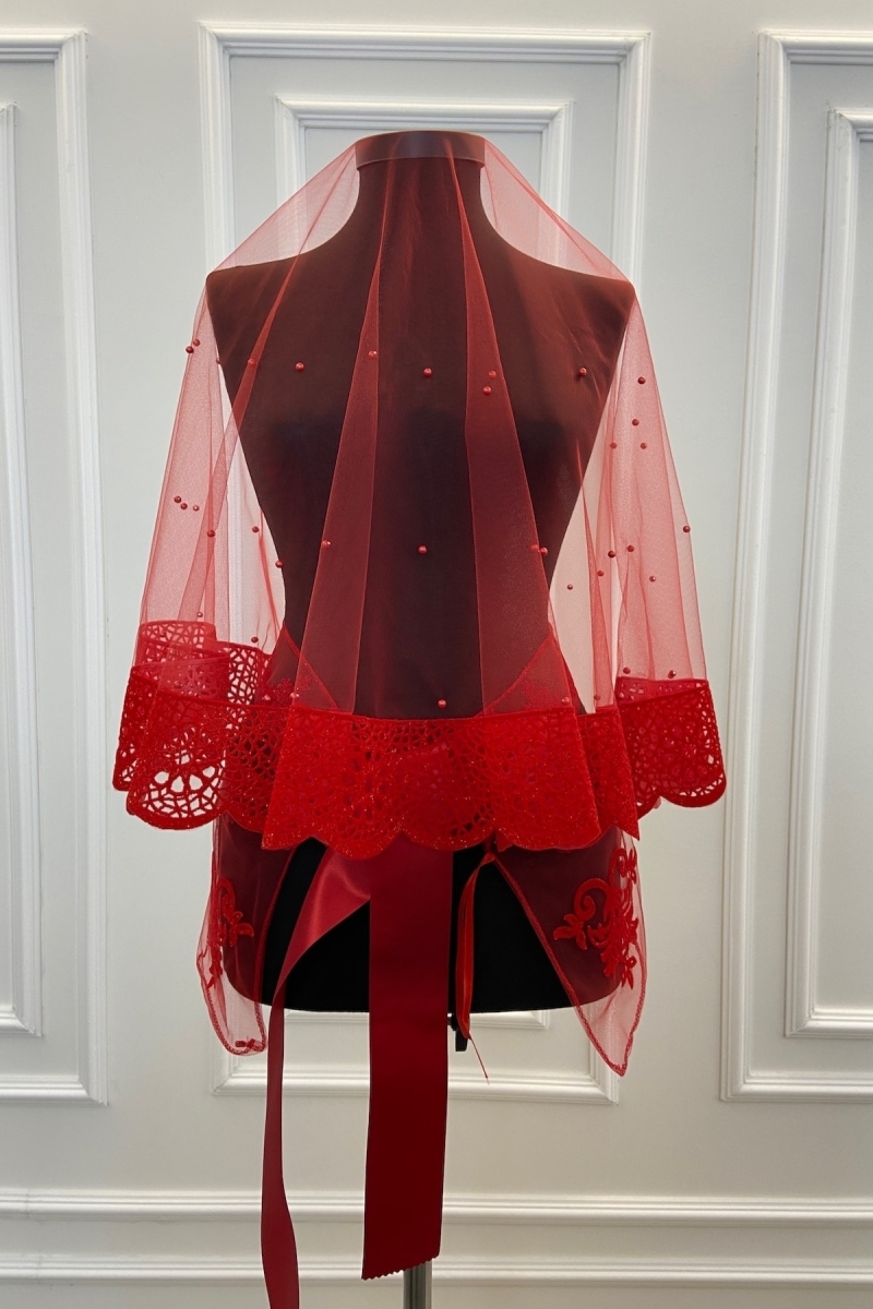 Kırmızı Oya Desen Incili Flok Baskı Simli Gelin Duvak Kuşak Eldiven Set