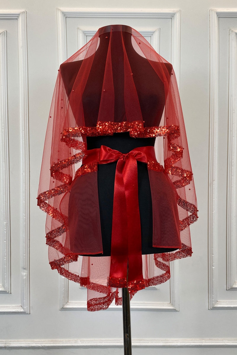 Kırmızı Pul Payet ve İncili Gelin Duvak Seti, Kına Gecesi Duvağı Alı Örtüsü 6 Parça