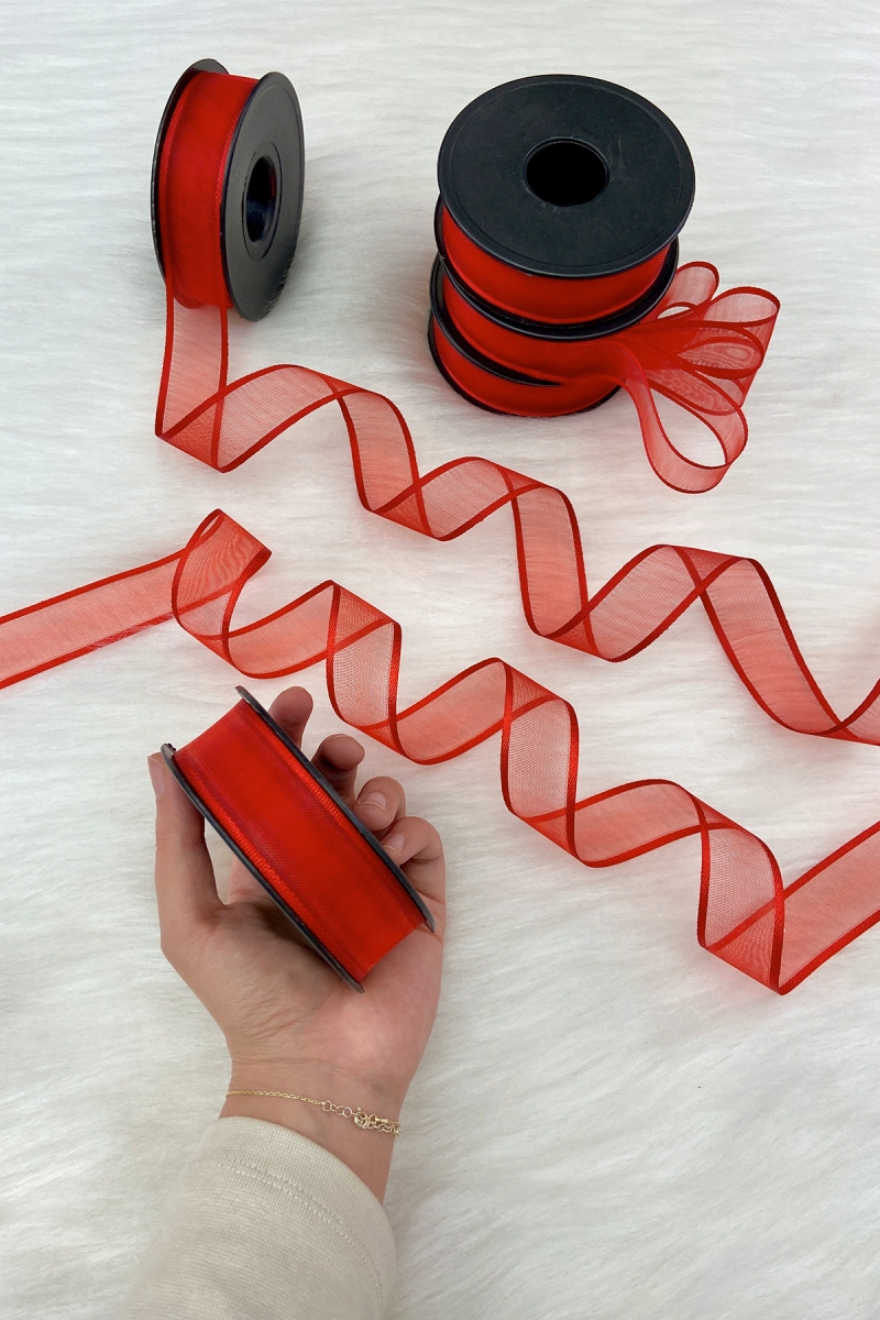 Kırmızı Şifon Kurdele 2,5 cm 20 mt, Gelin, Damat, Bohça, Nişan, Çeyiz, Özel Gün, Hediye, Düğün, Süsü