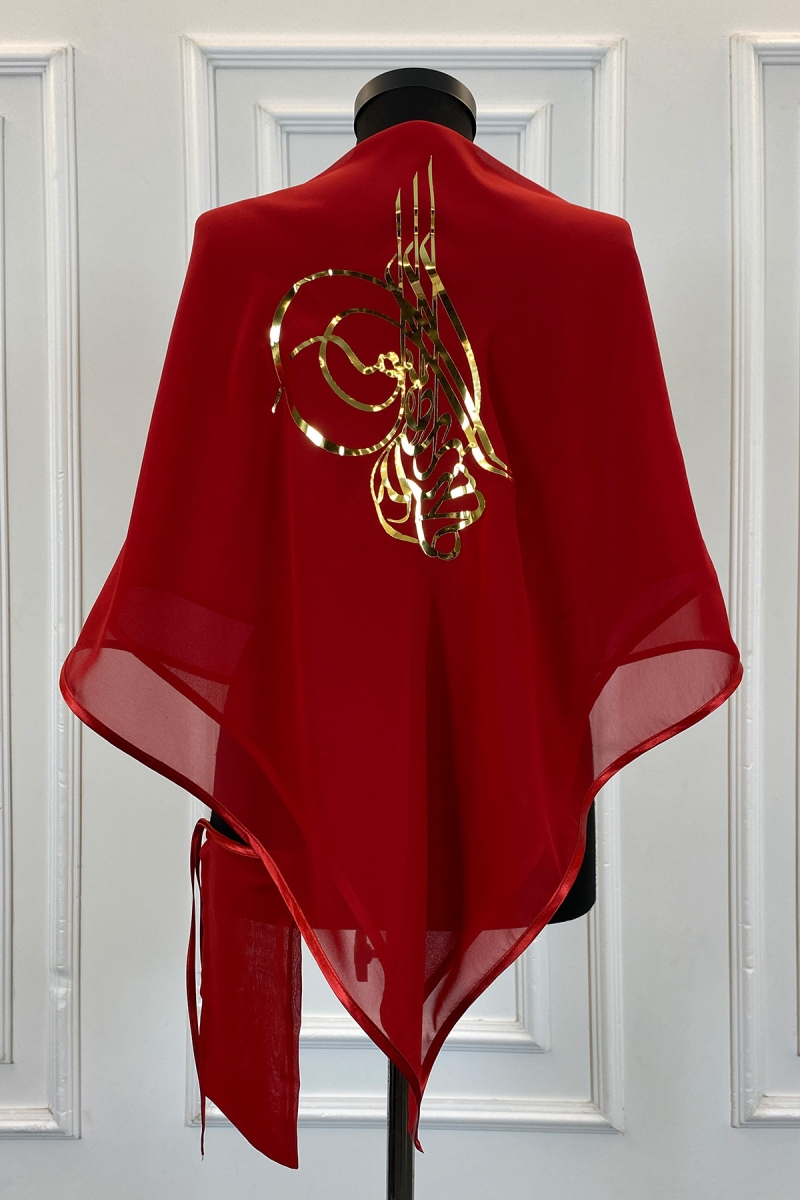 Kırmızı Şifon Lüks Damat Omuz Örtüsü, Gold Tuğra Baskılı, Sağdıç Nedime Kına Asker Şalı Duvağı
