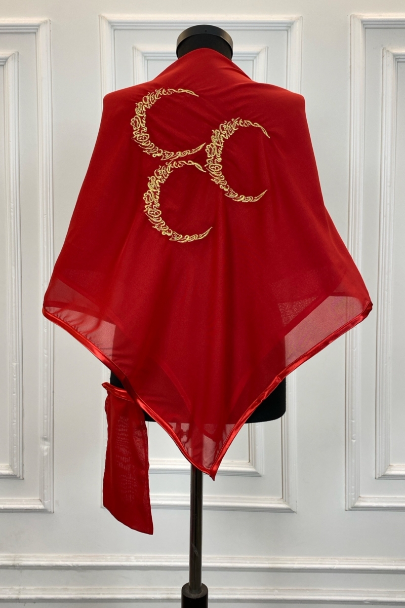 Kırmızı Şifon Lüks Damat Omuz Örtüsü, Gold Üç Hilal Nakışlı, Sağdıç Asker Kına Örtüsü Şalı Duvağı