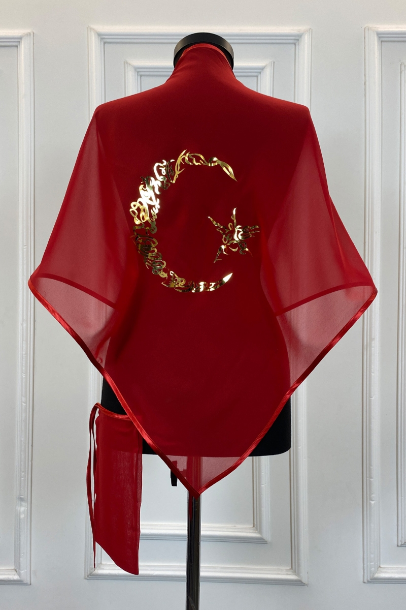 Kırmızı Şifon Üçgen Damat Omuz Örtüsü, Gold Ayyıldız Baskılı, Sağdıç Nedime Kına Asker Şalı Duvağı