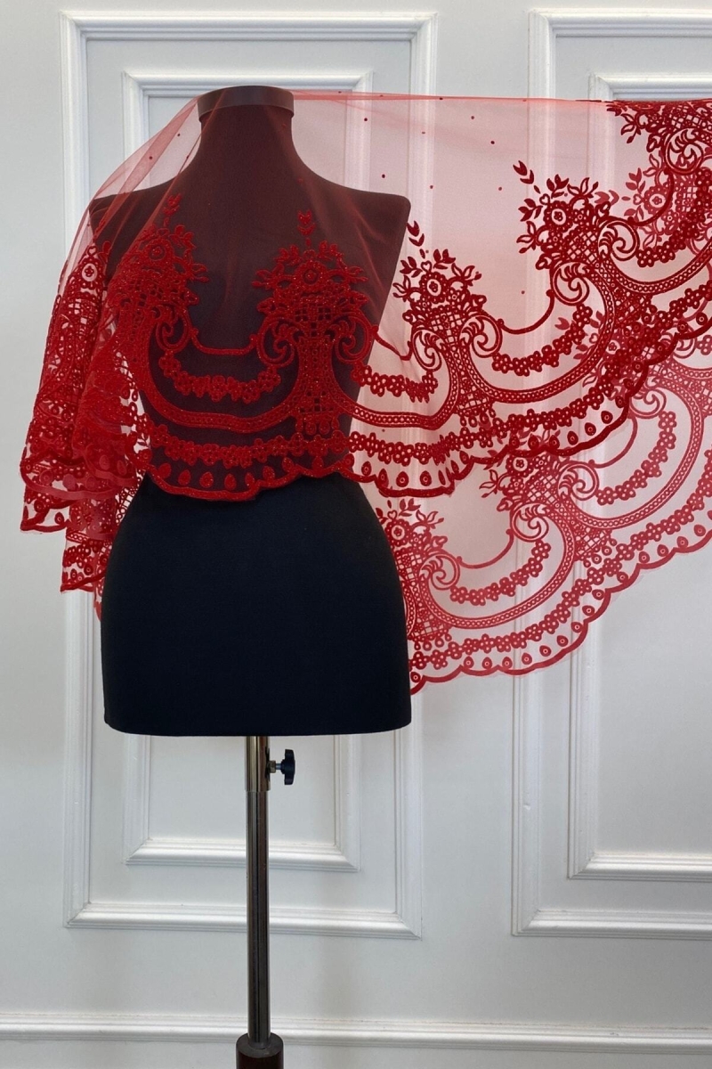 Kırmızı Simli Sultan Desen Gelin Duvak Seti, Kına Duvağı Yüz Örtüsü Alı