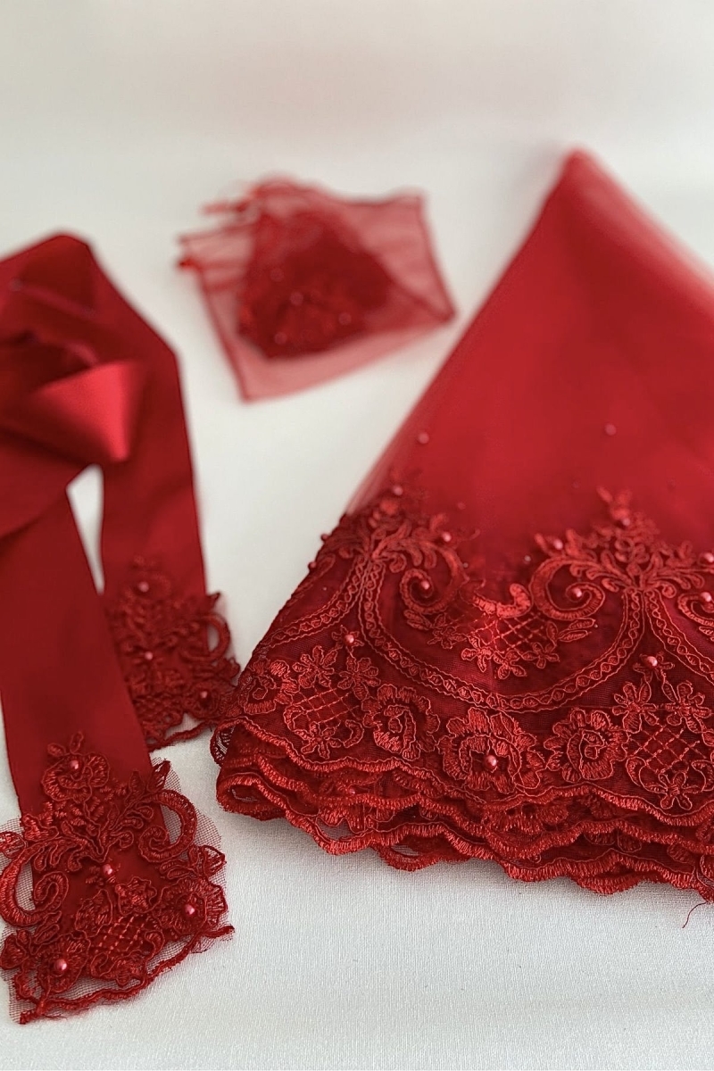 Kırmızı Sultan Güpürlü Inci Süslemeli Gelin Duvak Kuşak Eldiven Set Kına Gecesi Düğün