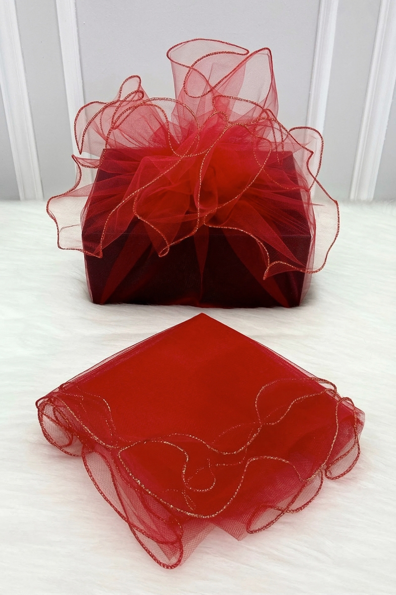 Kırmızı Süsleme Tülü Gold Kenarlı, Bohça Çeyiz Gelin Damat Nişan Nikah Valiz Hediye Süsü 100x100cm