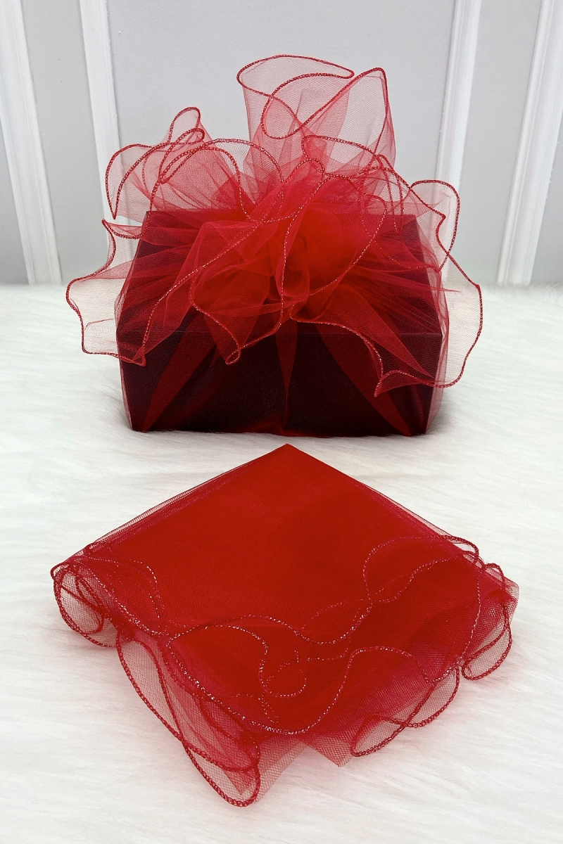 Kırmızı Süsleme Tülü Gümüş Kenarlı, Bohça Çeyiz Gelin Damat Nişan Nikah Valiz Hediye Süsü 100x100cm