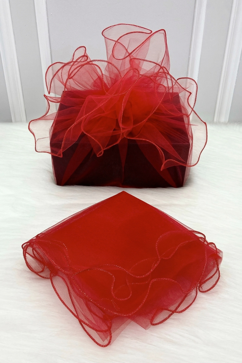 Kırmızı Süsleme Tülü Overlok Kenar, Bohça Çeyiz Gelin Damat Nişan Nikah Valiz Hediye Süsü 100x100cm
