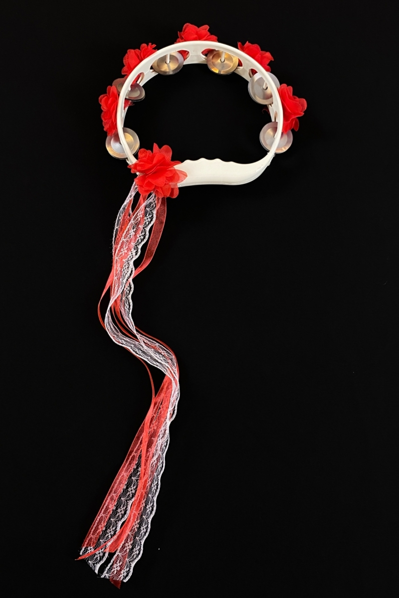 Kırmızı Süslü Gelin Nedime Kına Gecesi Tefi, Üç Boyut Lazer Çiçek ve Kurdele Detaylı Tef 1 Adet