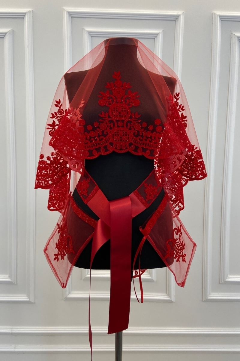 Kırmızı Taç Desen Flok Baskı Simli Gelin Duvak Kuşak Eldiven Set