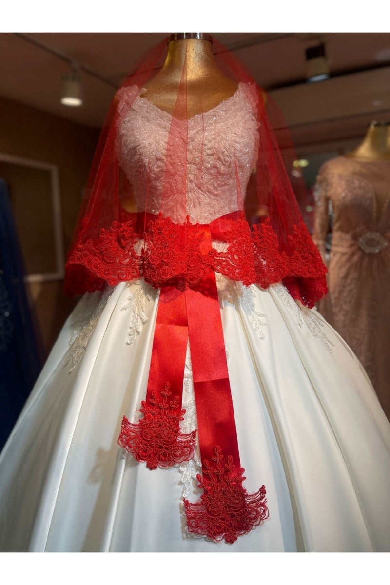 Kırmızı Taç Desen Güpürlü Gelin Duvak Kuşak Eldiven Seti Kına Yüz Örtüsü