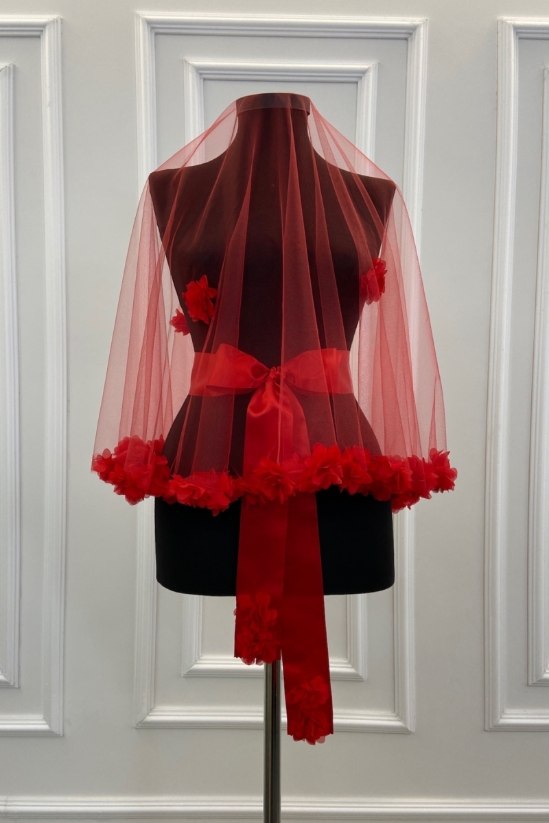 Kırmızı Üç Boyutlu Gelin Duvağı Kına Örtüsü Seti