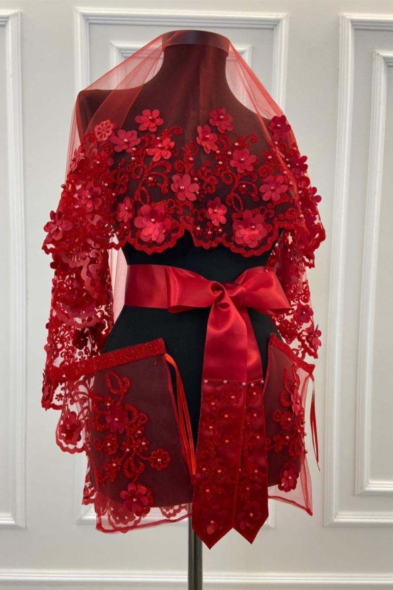 Kırmızı Üç Boyutlu Lüks Gelin Duvak Seti,simli Incili Lazer Çiçek Süslemeli Kına Örtüsü 6 Parça