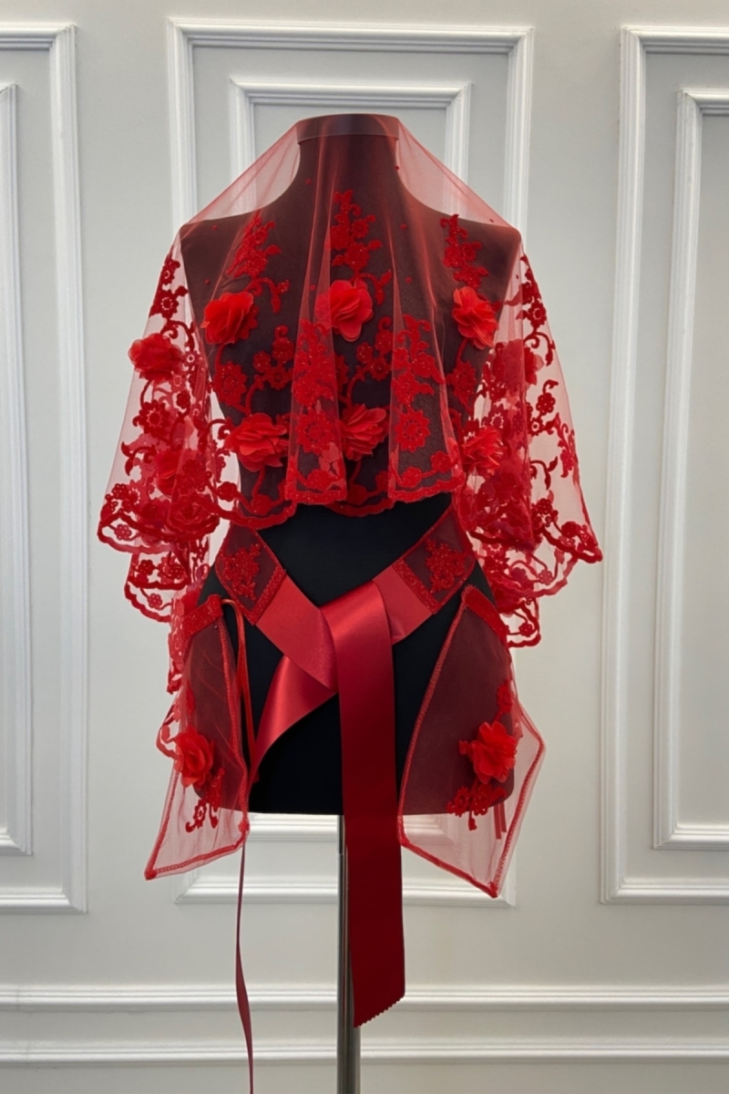 Kırmızı Üç Boyutlu Lüks Kına Örtüsü Gelin Duvak Seti 3d