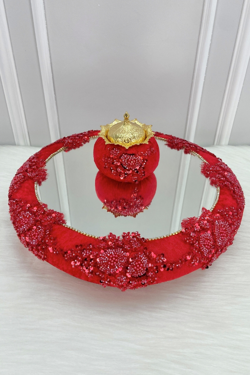Kırmızı Vip Aplikli Aynalı Kadife Kına Gecesi Tepsisi Gelin, Nişan Nikah Düğün Söz Sünnet