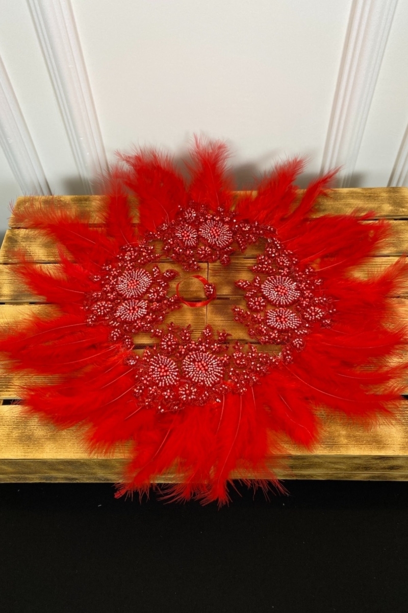 Kırmızı Vip Deluxe Gelin Mendili, Boncuk Inci Pul Detaylı Lüks Güpürlü