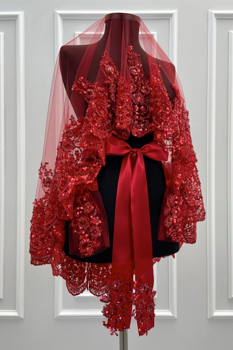 Kırmızı Vip Gelin Duvak Seti, Çiçek Güpürlü Cam Boncuk Inci Dikişli Kına Duvağı Örtüsü Seti 6 Parça