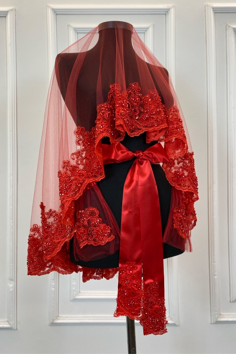 Kırmızı Vip Gelin Duvak Seti, Çiçek Güpürlü Cam Boncuk İnci Dikişli Kına Duvağı Örtüsü Seti