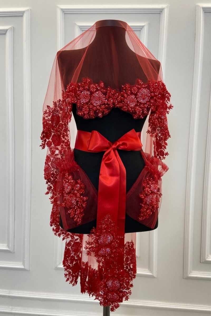 Kırmızı Vip Gelin Duvak Seti, Kına Duvağı Örtüsü Seti