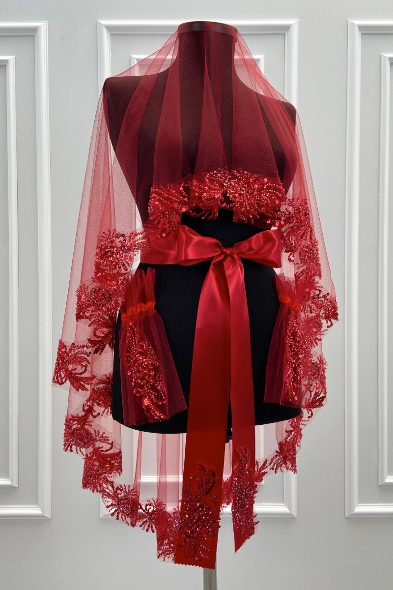 Kırmızı Vip Gelin Duvak Seti, Lüks Güpürlü Cam Boncuk Inci Dikişli Kına Duvağı Örtüsü Seti 6 Parça