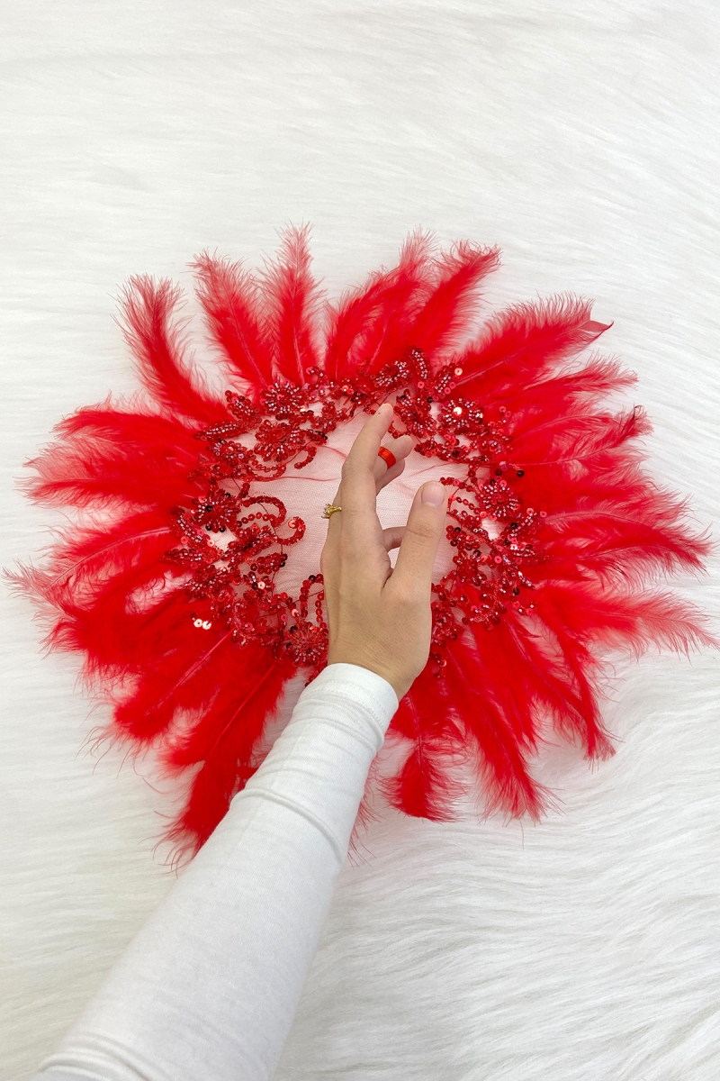 Kırmızı Vip Gelin Mendili, Boncuk İnci Pul Tüy Detaylı Lüks Aplikli Damat Düğün Kına Sünnet Nişan