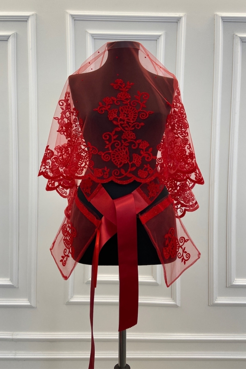 Kırmızı Yaprak Desen Flok Baskı Simli Gelin Duvak Kuşak Eldiven Set