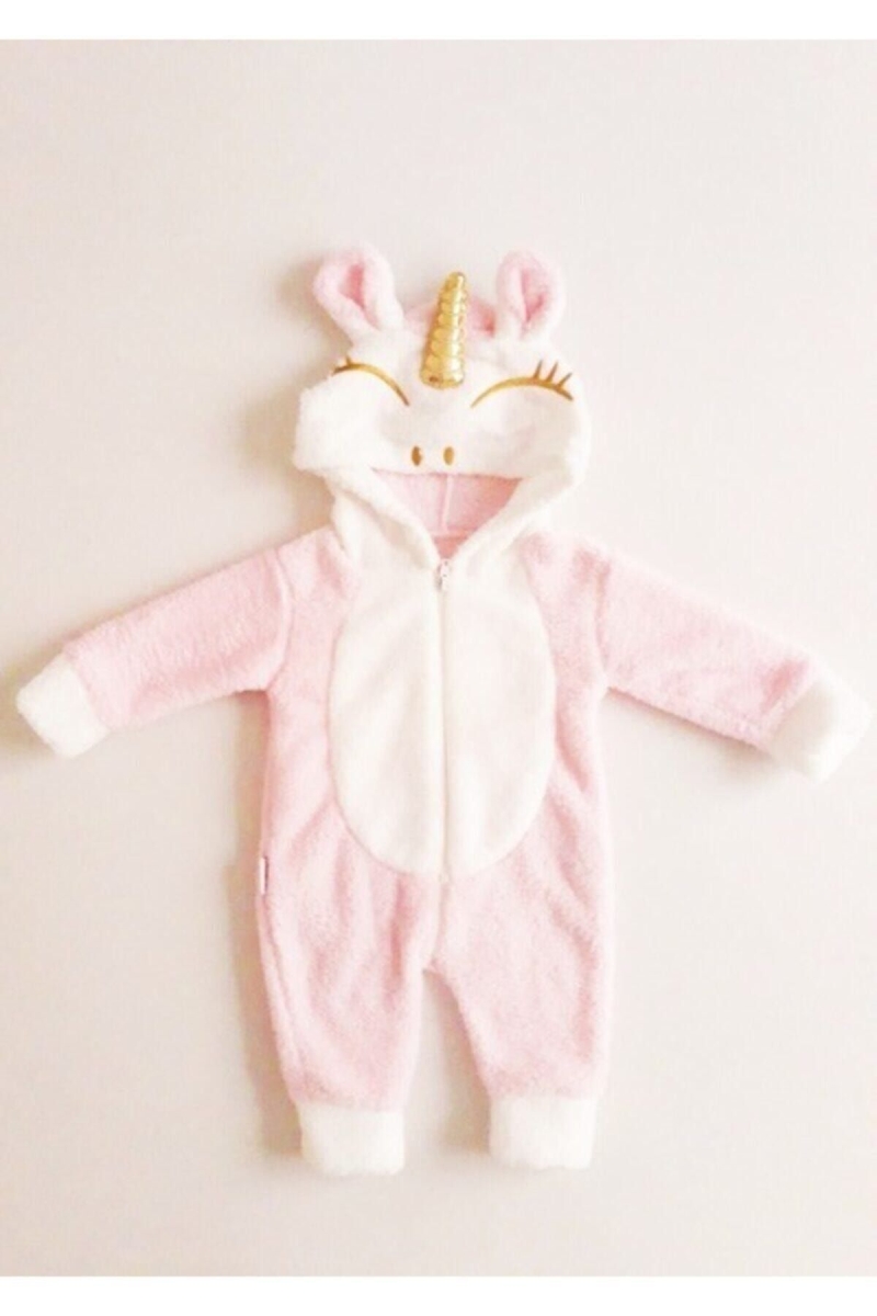 Kız Bebek Pembe Peluş Unicorn Tulum