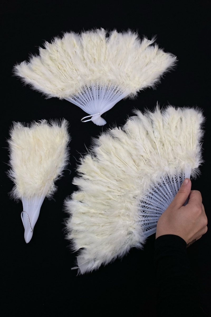 Krem Gelin Tüylü Yelpazesi, Plastik Kına Nedime Bride Bekarlığa Veda Sünnet Yelpaze 25*40cm